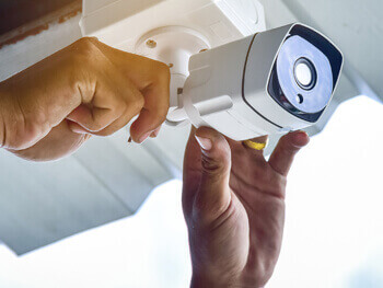 Technician installing a security system